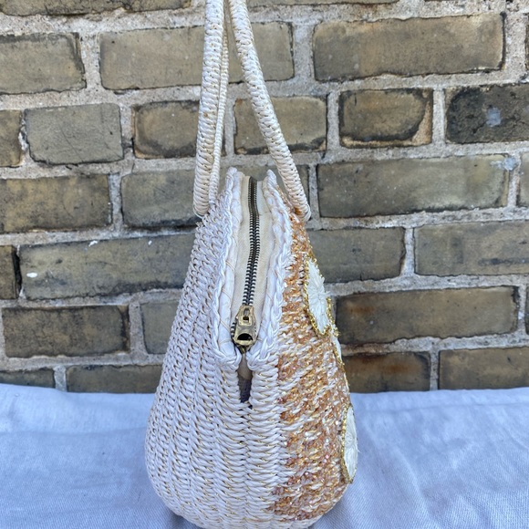 White Paper Woven Peach Sparkle Raffia Flowers Bags by Dormar, Made in Japan - Picture 9 of 10